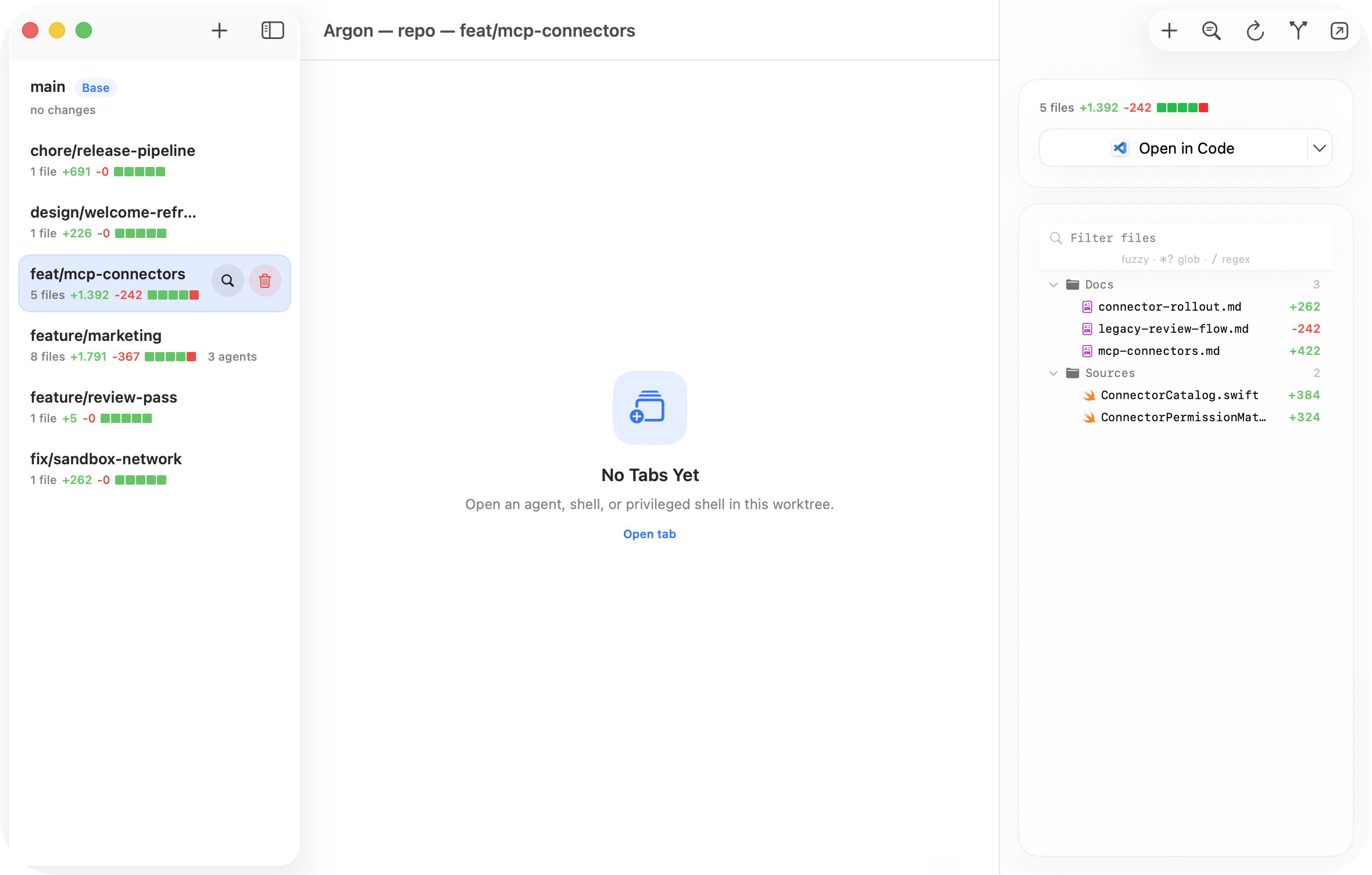 Argon workspace focused on the worktree sidebar and branch state