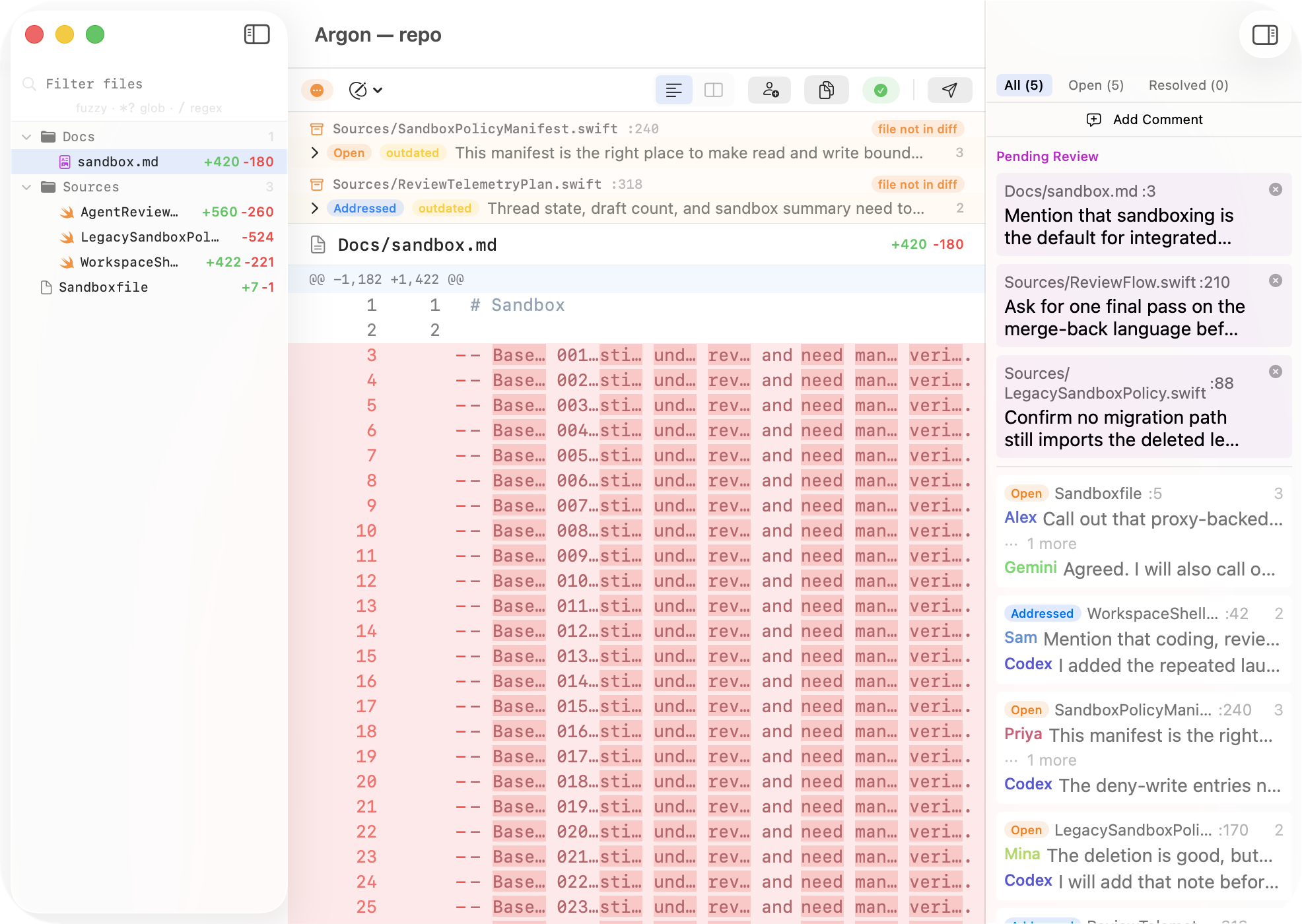 Argon review window showing reviewer agents and threaded feedback