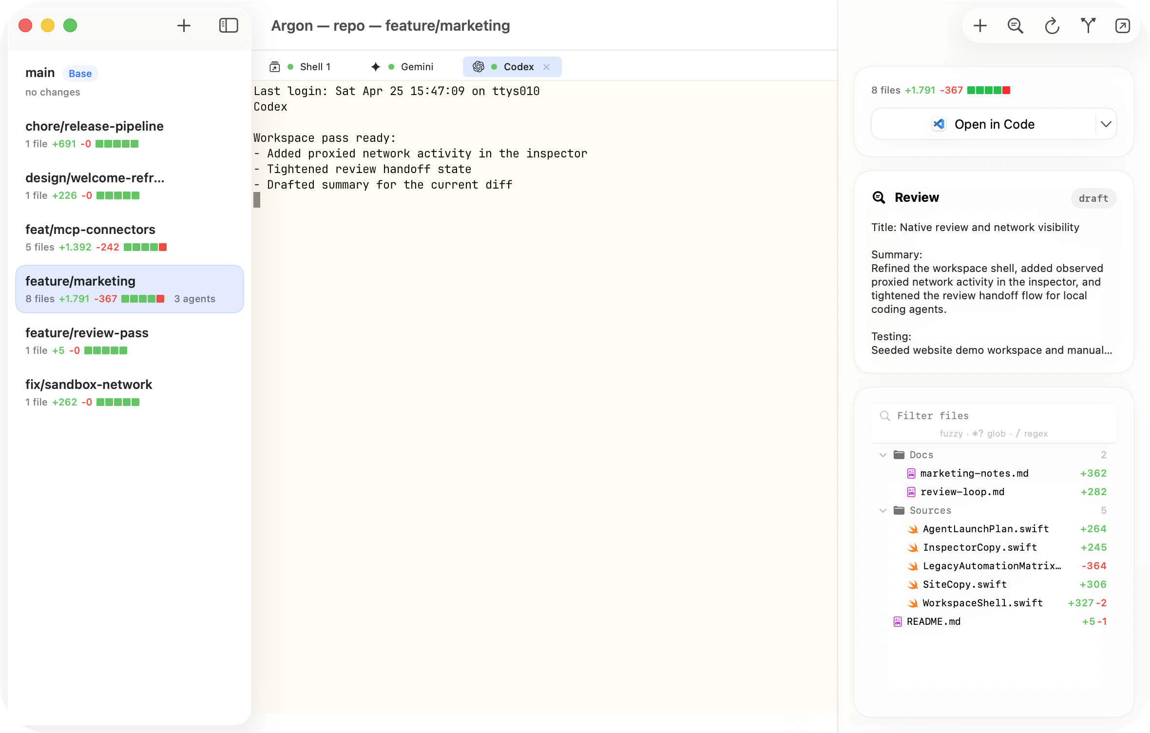 Argon workspace window showing worktrees, terminal tabs, and the sandbox network inspector